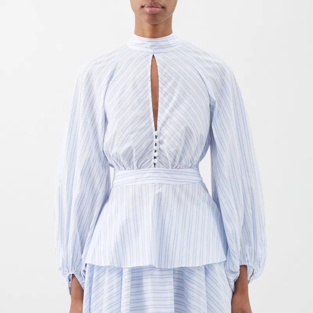 STAUD Danica Backless Striped-Cotton Beplum Blouse